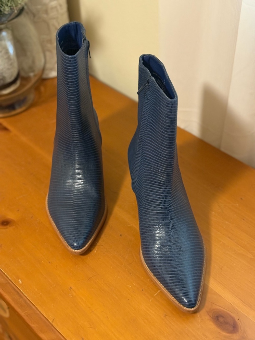 Matisse for Anthropologie Caty Navy Textured Pointed Toe Ankle Booties